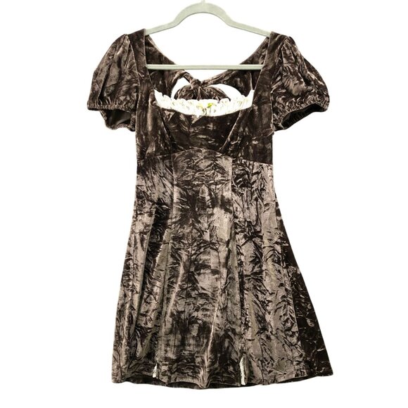 Kimchi Blue Velvet Square Neck Mini Dress M Puff Sleeve Fairy Coquette Tie Back - Picture 1 of 9